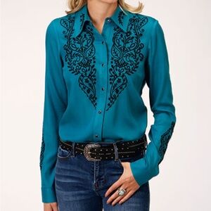 Roper Teal Rayon Challis Embroidered Pearl Snap Western Long Sleeve women’s  XL